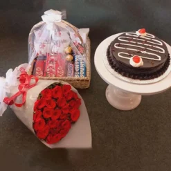 Cake and Bouquet with Chocolate Basket Online Gifts in Pakistan